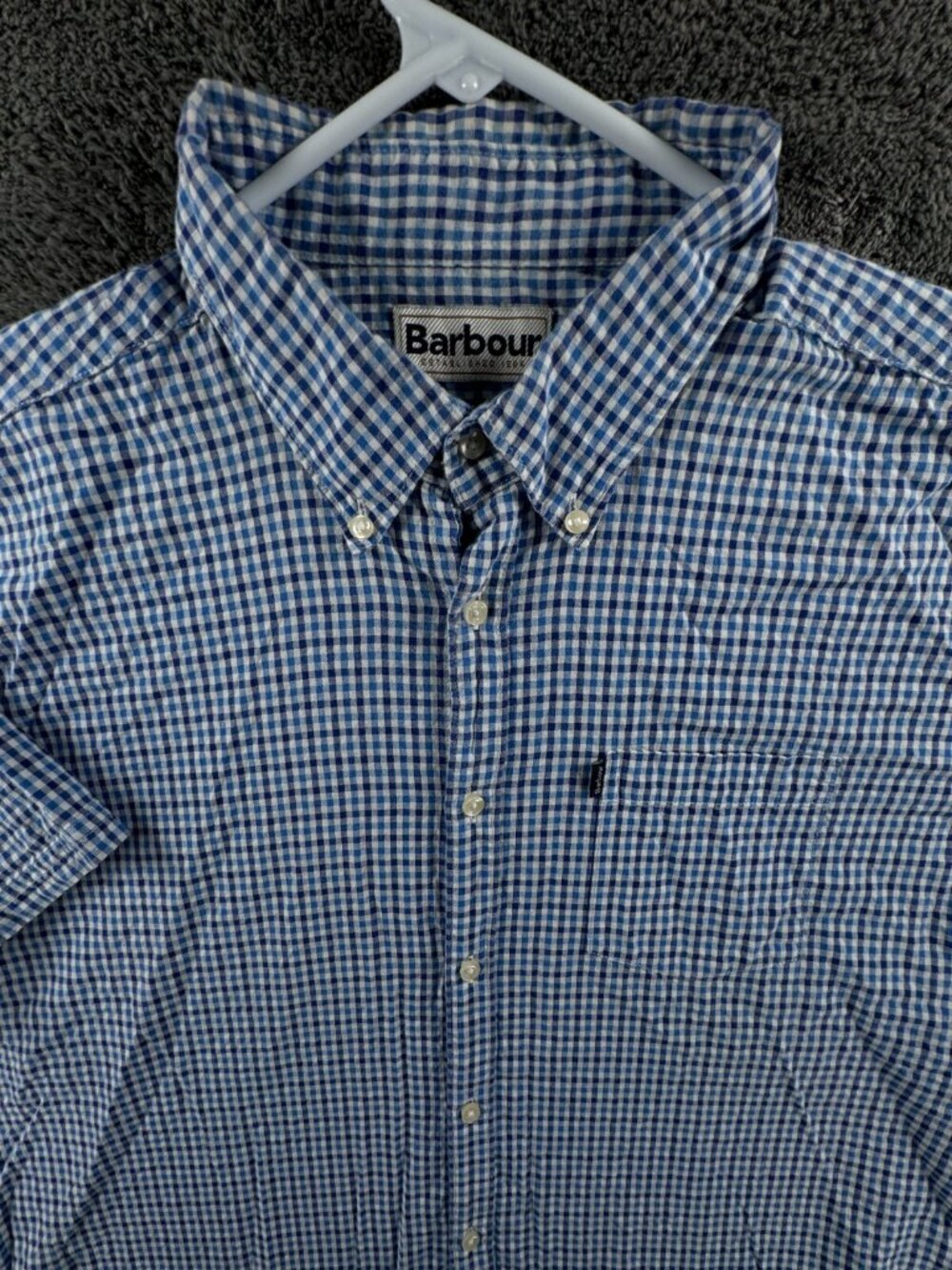 Barbour Short Sleeve Button Up Shirt Blue Check Tailored Fit Large US W/ Logo